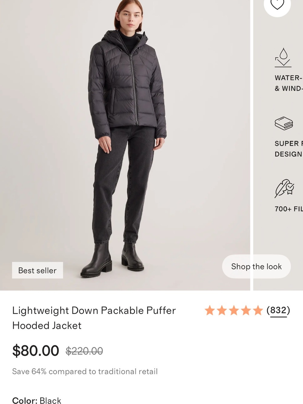 Quince Black Packable Hooded Puffer Jacket